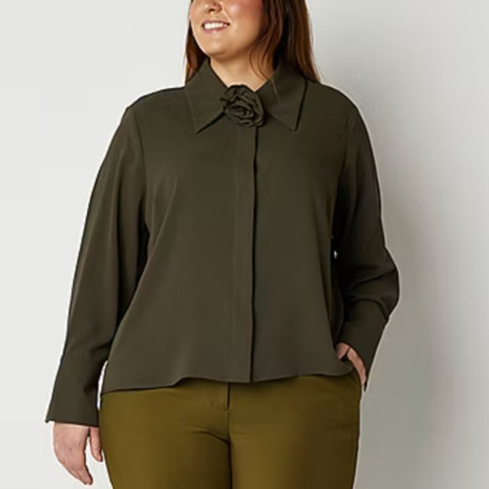 New Worthington Olive Green Attached Rose Soft Flowy Button‎ Down 2X Preppy